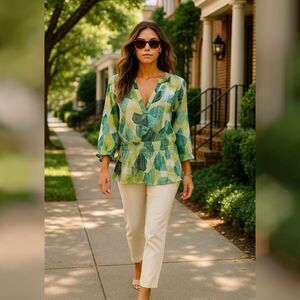 Alfani Woman 18W Blouse Green Blue Abstract Geometric Tunic Semi Sheer Boho Top